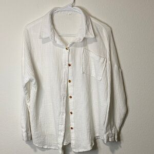 Women’s White Textured 100% Cotton Button Down Long Sleeve Seersucker Shirt